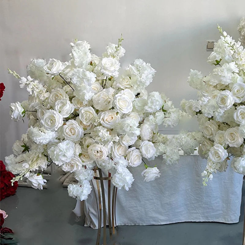 Luxury Artificial White Rose Hydrangea Leaf Wedding Arch Floral Row Arrangement Table Centerpiece Flower Ball Long Flower Runner