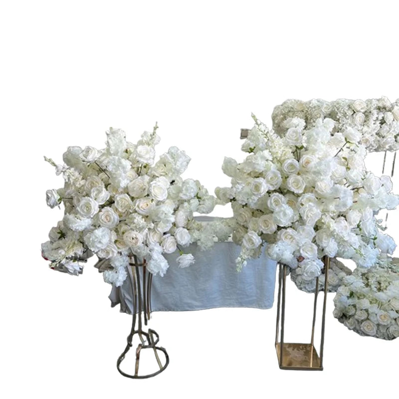 Luxury Artificial White Rose Hydrangea Leaf Wedding Arch Floral Row Arrangement Table Centerpiece Flower Ball Long Flower Runner