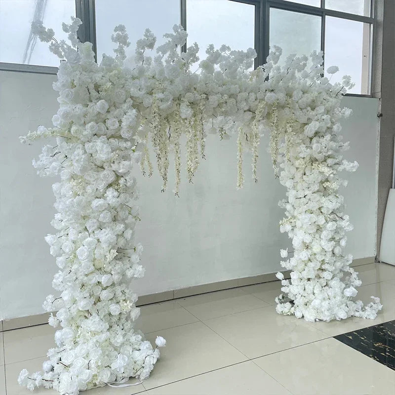 White Cherry Blossom Rose Flower Row Runner Wedding Background Arch Deco Floral Arrangement Hanging Flower Row Centerpieces Ball