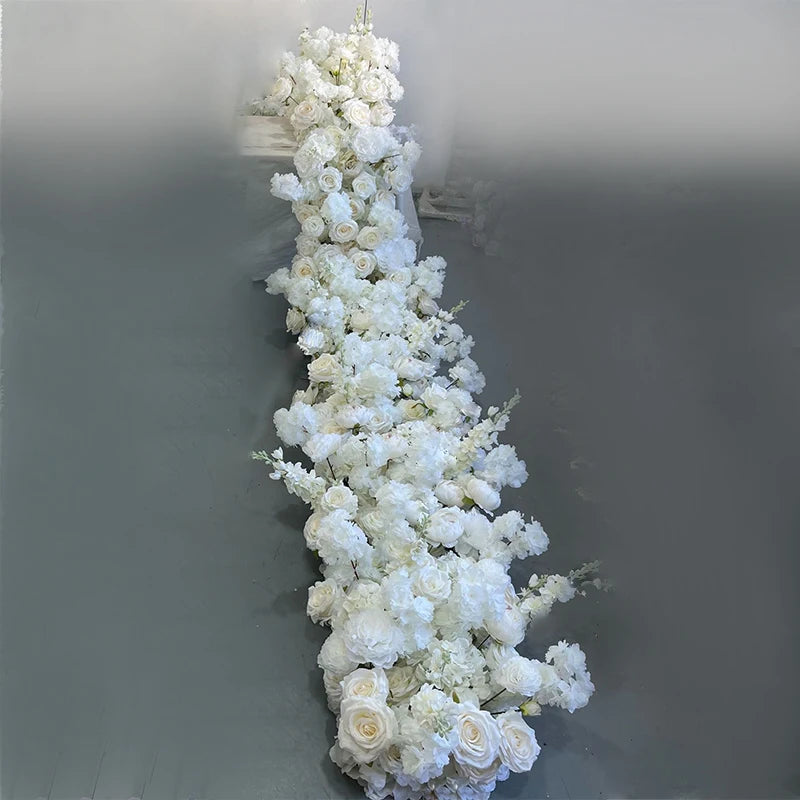 Luxury Artificial White Rose Hydrangea Leaf Wedding Arch Floral Row Arrangement Table Centerpiece Flower Ball Long Flower Runner