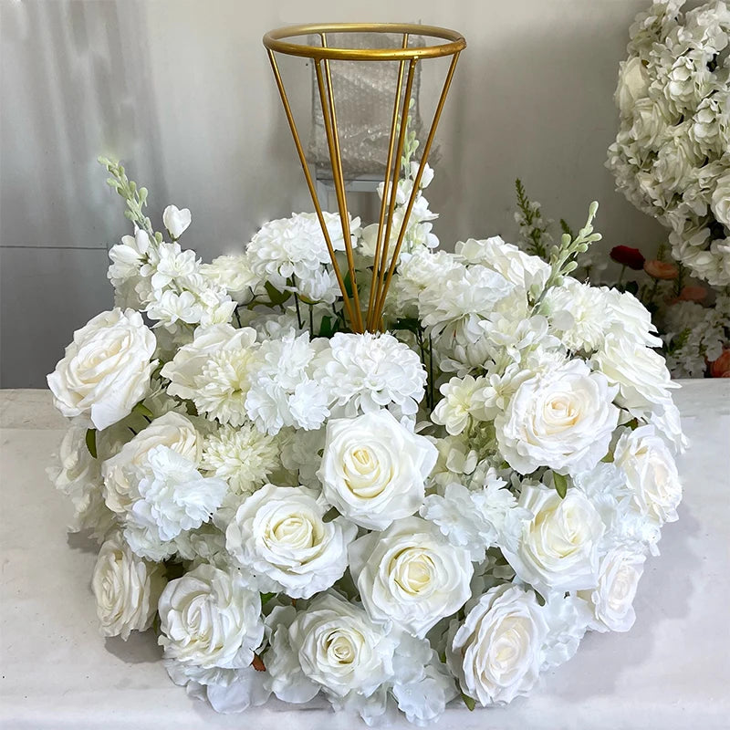 Luxury Artificial White Rose Hydrangea Leaf Wedding Arch Floral Row Arrangement Table Centerpiece Flower Ball Long Flower Runner