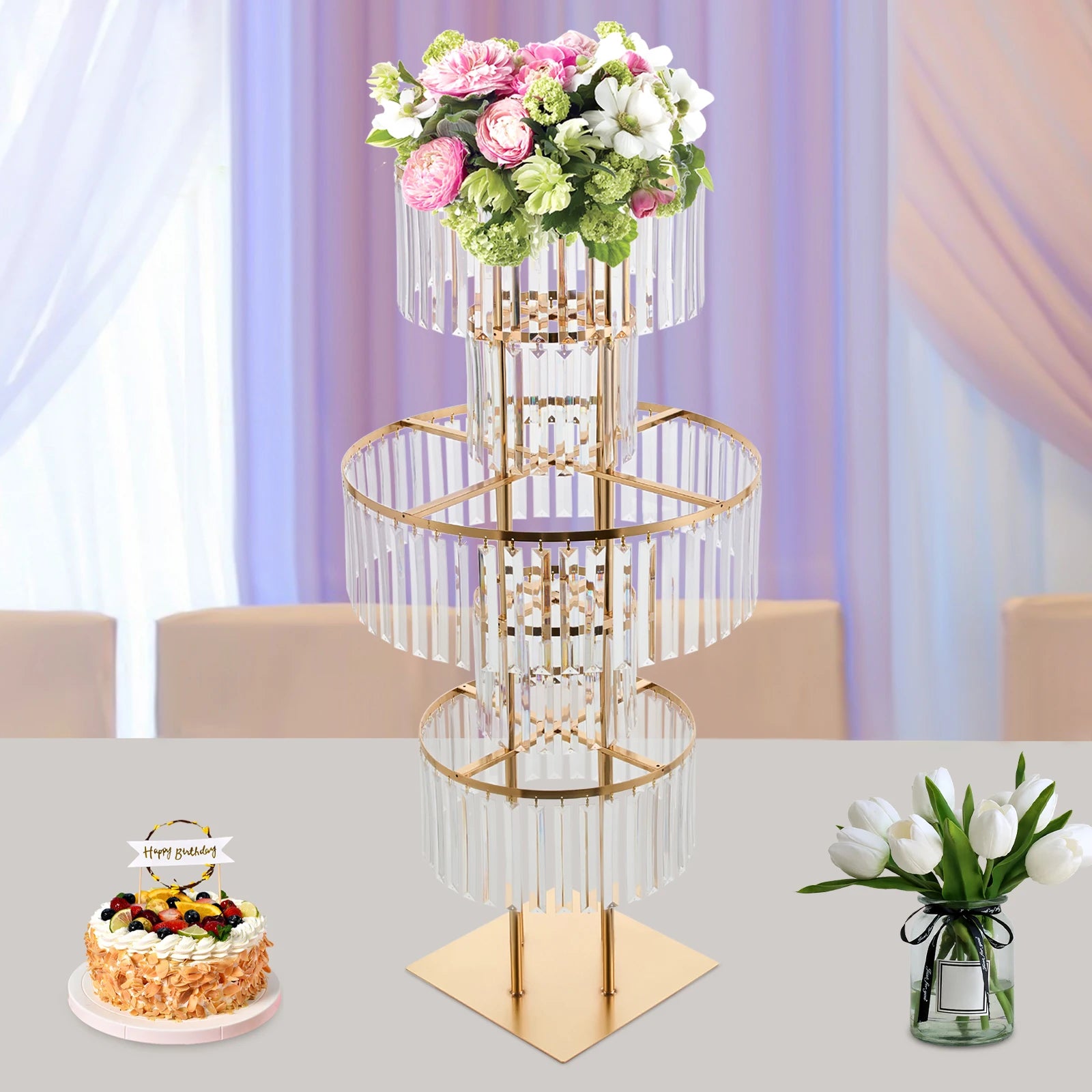 Gold 5 Tier Wedding Crystal Flower Rack Centerpieces Flower Stand Wedding Party Backdrop Stand Freestanding Floral Holder